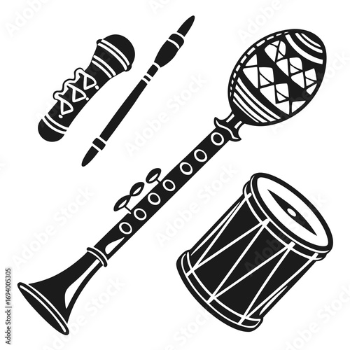 Black silhouettes of musical instruments drum clarinet