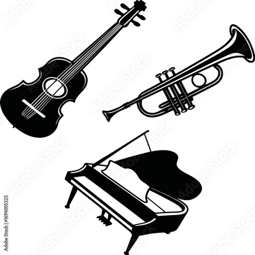 Black silhouettes of musical instruments violin trumpet