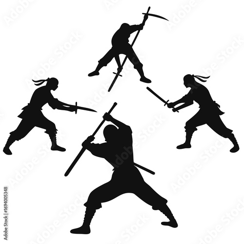 Black silhouettes of ninjas wielding swords and scythe warrior white