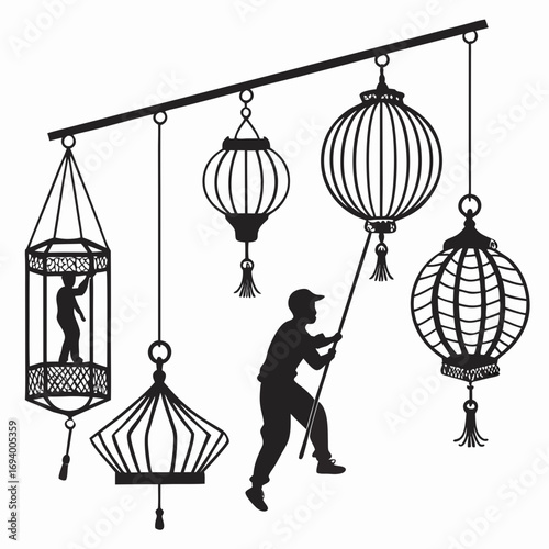 Black silhouettes of people and lanterns hanging festival decoration