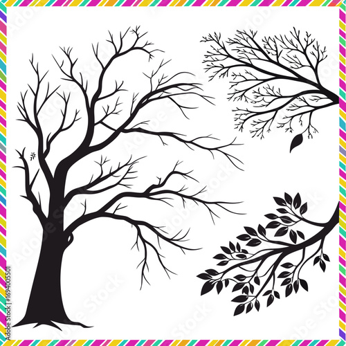Black tree branches bare and leafed against white silhouettes bare branches