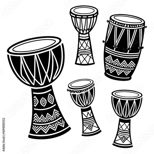 Black tribal drums with geometric patterns djembe percussion