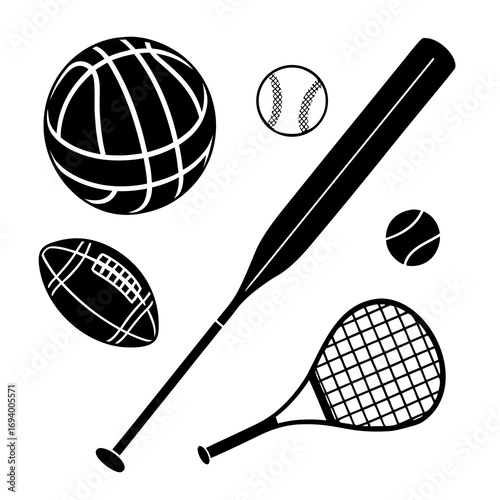 Black sports equipment silhouettes basketball football baseball tennis racket