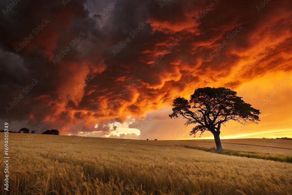 Fototapeta premium Dramatic sunset sky over a golden wheat field with a lone tree clouds storm