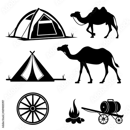 Caravan scene silhouettes camels tents campfire wagon wheel dromedary camping