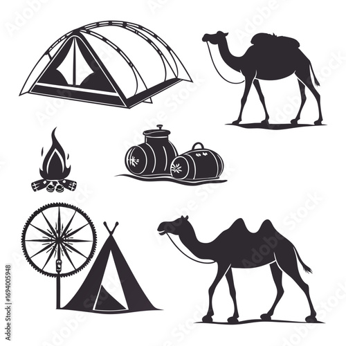 Caravan travel scene silhouettes with camels tents and campfire compass