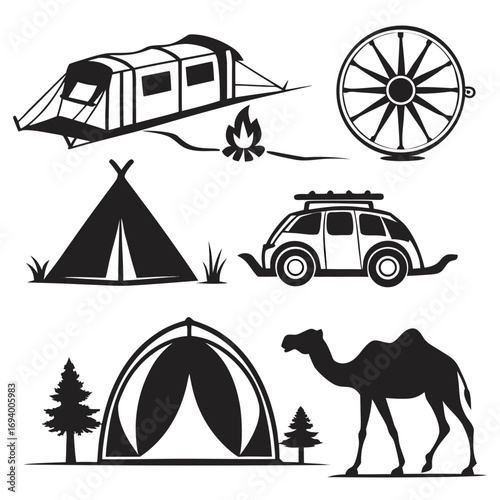 Caravan travel scene silhouettes with tent campfire car camel and wheel camping