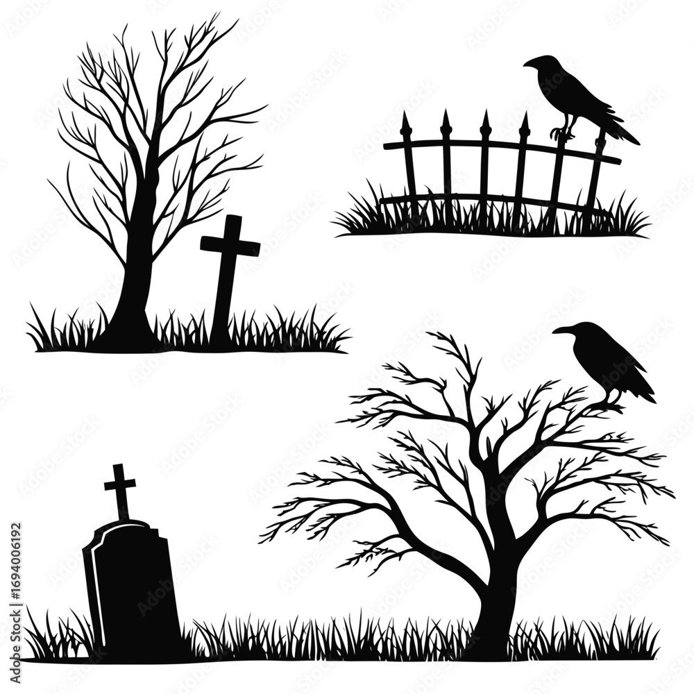 Naklejka premium Cemetery scene silhouettes bare trees gravestones crows fence cross