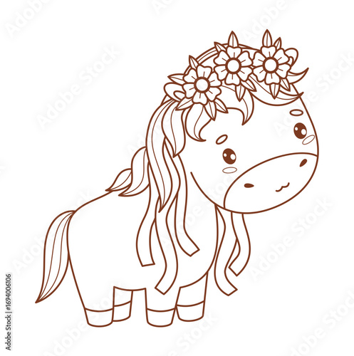 Outline Little Horse Girl with Flower Wreath with ribbons. Cute Pony Kawaii Animal. Beautiful Holiday Character. Line drawing, coloring book. Vector illustration. Kids collection. Not AI