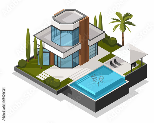 Isometric modern villa with swimming pool and garden landscape design concept for architectural visualization and real estate presentation
