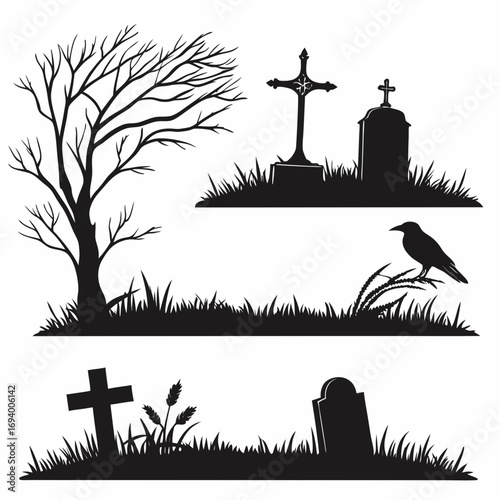 Cemetery scene silhouettes bare tree gravestones crosses raven vector