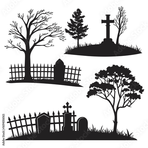 Cemetery scene silhouettes with bare trees gravestones and fences graveyard tombstone