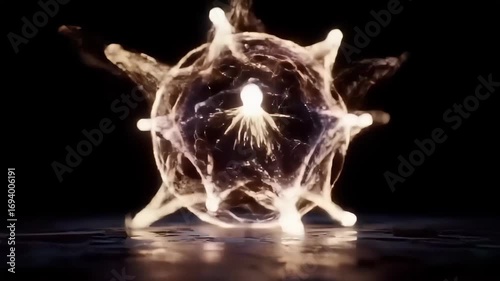 Luminous Energy Orb with Plasma Flowing Over Dark Water Surface with Intense Reflection