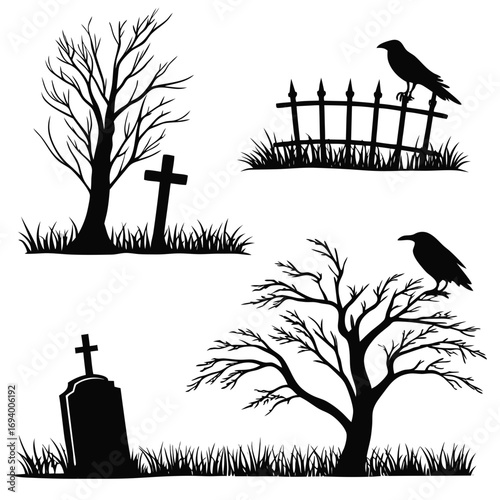 Cemetery scene silhouettes bare trees gravestones crows fence cross