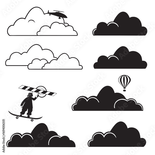Cloud shapes with helicopter hot air balloon and skateboarder silhouette
