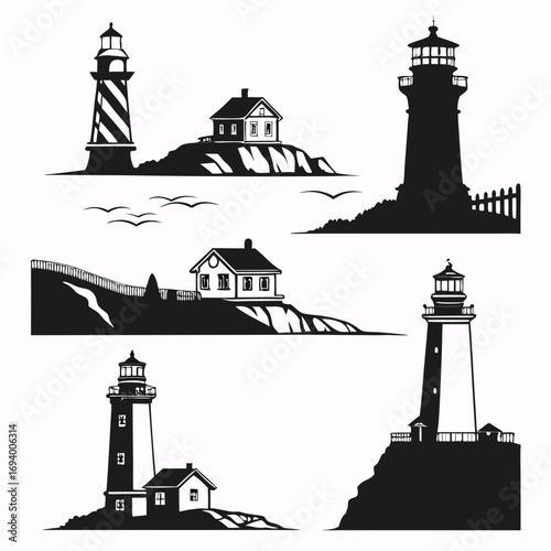 Coastal lighthouses and houses silhouettes sea cliff
