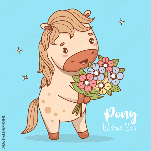 Happy Holiday Horse with Bouquet Flowers. Cute Pony Kawaii Animal. Vector illustration. Card with Cool slogan for festive design, cards, sticker, and print. Kids collection. Not AI