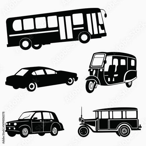 Collection of diverse vehicle silhouettes auto rickshaw vintage car