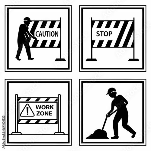 Construction worker signs caution stop work zone vector