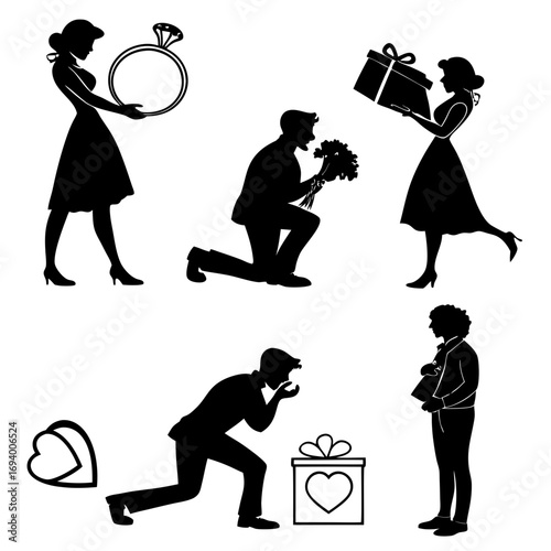 Couples proposing giving gifts and flowers proposal engagement