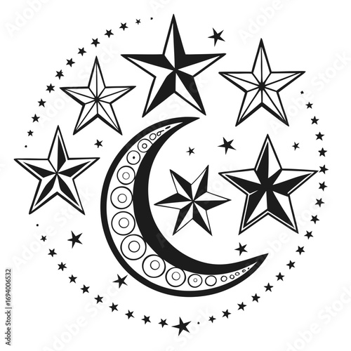 Crescent moon and stars celestial arrangement night sky constellation