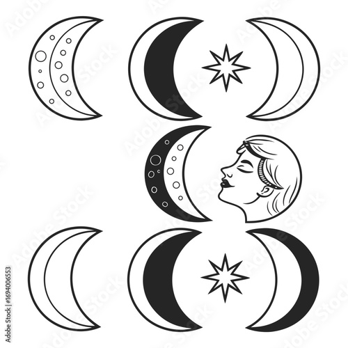 Crescent moon phases and celestial star icons silhouette