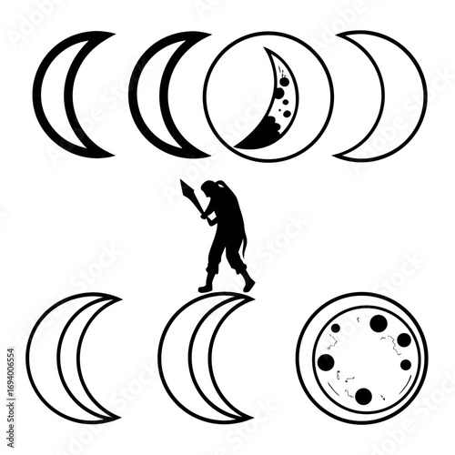 Crescent moon phases and warrior silhouette weapon