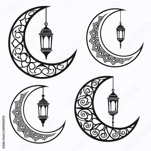 Crescent moons with hanging lanterns and arabesque patterns islamic