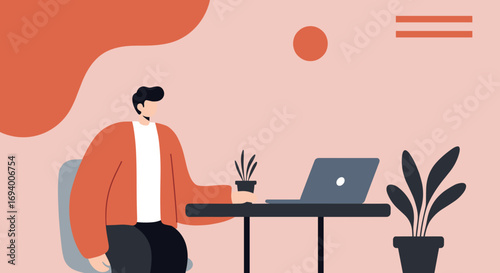 Illustration of a man working on a laptop at a desk with plants, representing remote work, online learning, and a modern professional lifestyle.