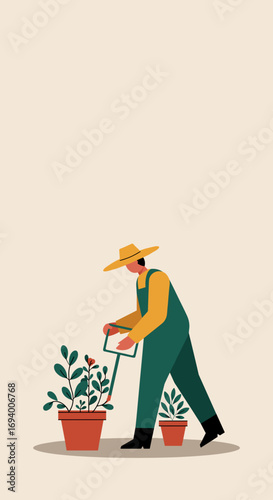 A person in a straw hat and green overalls tends to potted plants with a gardening tool, symbolizing a hobby or sustainable lifestyle.