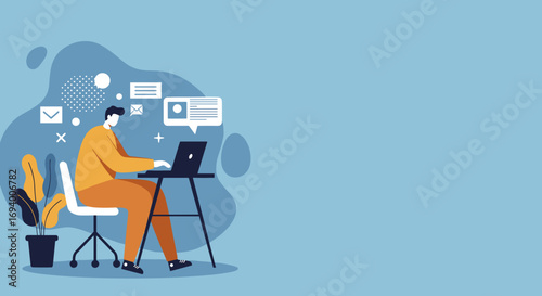 Man working diligently on a laptop in a modern remote office setup, surrounded by digital communication and information icons. Represents productivity, online business, and a connected lifestyle.