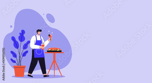 Male chef in apron prepares a hot dog and ice cream, symbolizing food service, fast-food, and casual dining concepts. Ideal for hospitality, lifestyle, and business use.