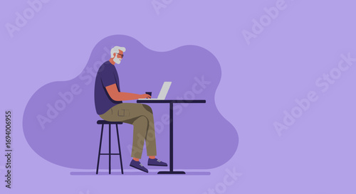 Senior man with a beard and glasses working remotely on his laptop at a table, enjoying a casual and productive digital lifestyle. Ideal for technology, business, or education concepts.
