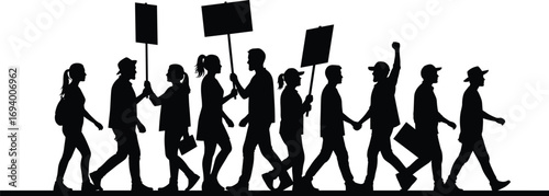 Silhouette of diverse group of people walking with protest signs, activism, social movement, unity, demonstration, human rights, peaceful protest