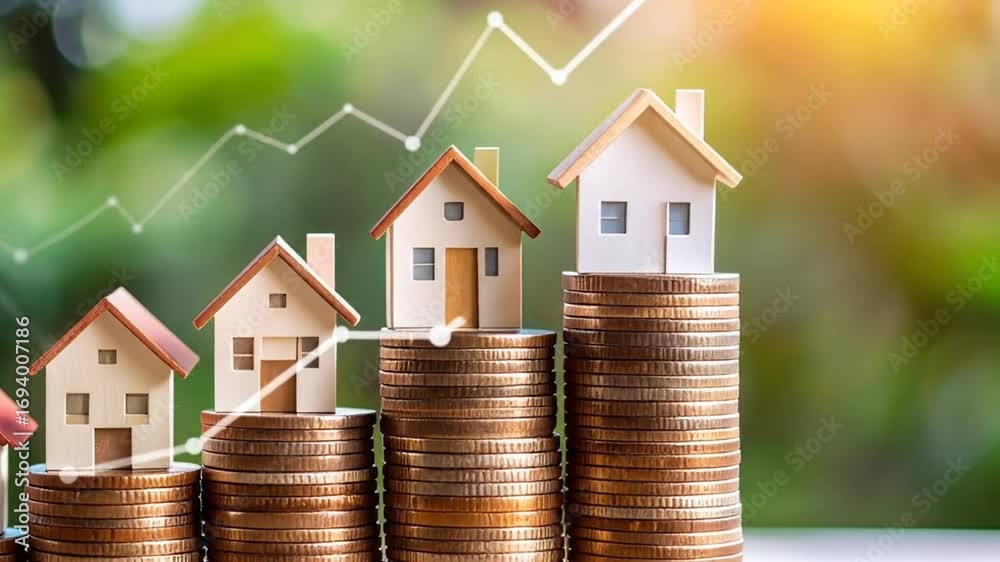 Miniature houses on stacks of coins represent financial growth and investment
