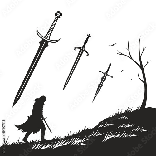 Fantasy swords and warrior silhouette in landscape medieval