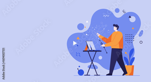 Professional interacts with a futuristic holographic display, managing complex data networks. Ideal for technology, AI, innovation, and business concepts.