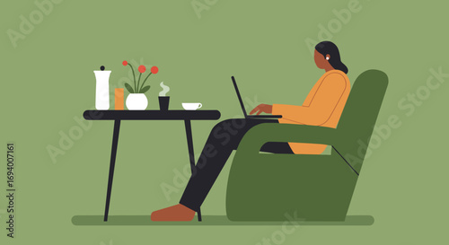 Woman comfortably working on a laptop at home or a cafe, enjoying coffee. Ideal for remote work, freelancing, or studying concepts.