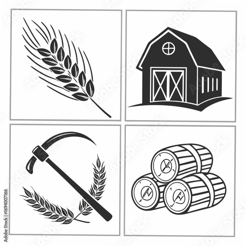 Farm icons wheat barn scythe hay bales wheat stalk agriculture