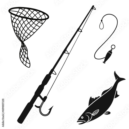 Fishing rod net fish hook bobber vector