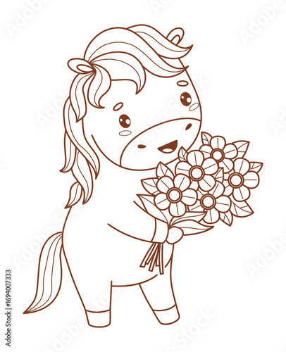 Outline Happy Holiday Horse with Bouquet of Flowers. Cute Pony Kawaii Animal. Line drawing, coloring book. Vector illustration. Kids collection. Not AI