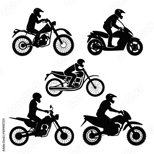 Five black motorcycle rider silhouettes on white vector