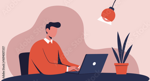 Man working diligently on a laptop at a home office desk, illuminated by a lamp. Represents remote work, productivity, technology, and modern professional lifestyle.