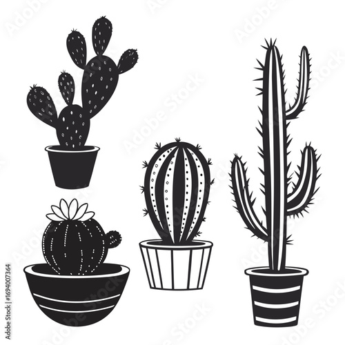 Five black potted cactus and succulent plants vector