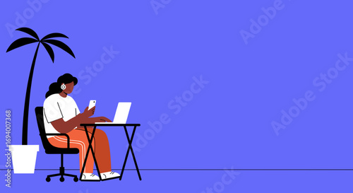 Relaxed woman multitasks, using smartphone and laptop at a desk with a palm tree. Perfect for concepts of remote work, digital nomad lifestyle, and online productivity.