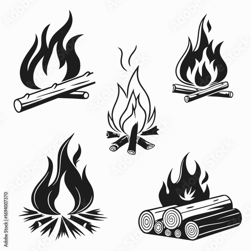 Five campfire illustrations with logs wood burning