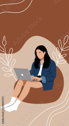 Woman working comfortably on a laptop from home. Represents remote work, freelancing, and modern flexible lifestyle for business or education.