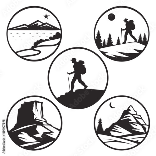 Five circular silhouette icons depicting mountain and desert landscapes with hikers