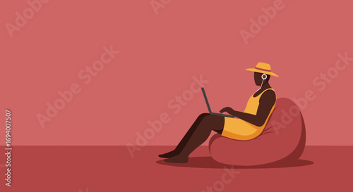 Person working remotely on a laptop while relaxing comfortably on a bean bag chair. Represents flexible work, online learning, or digital nomad lifestyle.