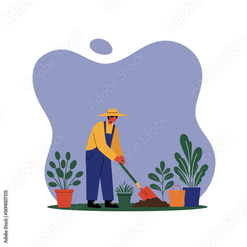 A person in a hat and overalls digs soil with a shovel, surrounded by potted plants. Illustrates gardening, agriculture, hobby, or working with nature.